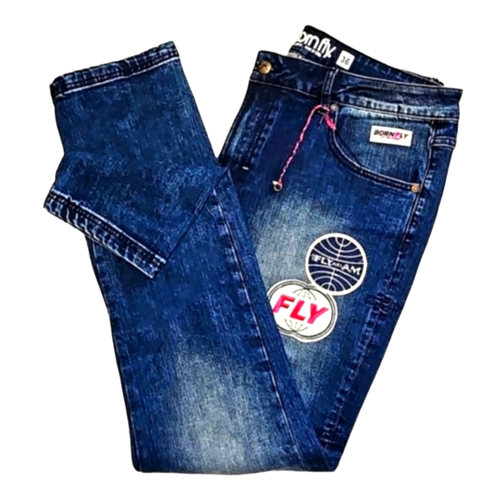 Born Fly Patched-Logo Jeans. Men's Size: Waist 36x32 Inseam.